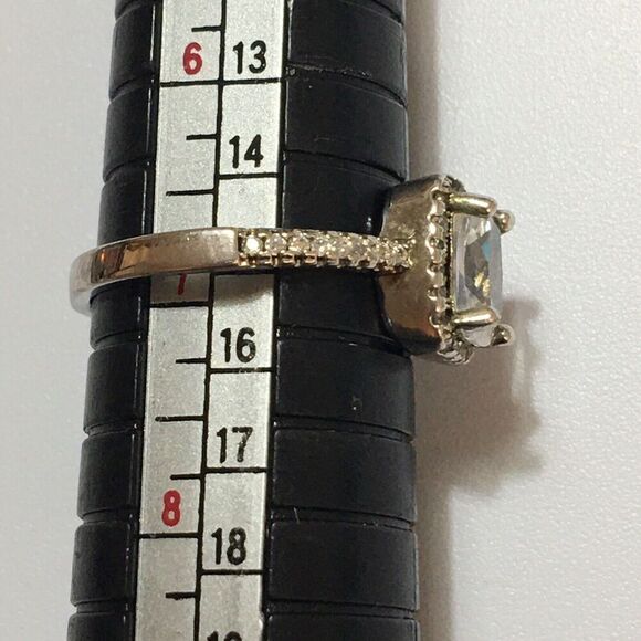 Silver Tone Halo Ring Square CZ 2.5mm Band Clear Gemstones Worn Plating - Picture 2 of 11